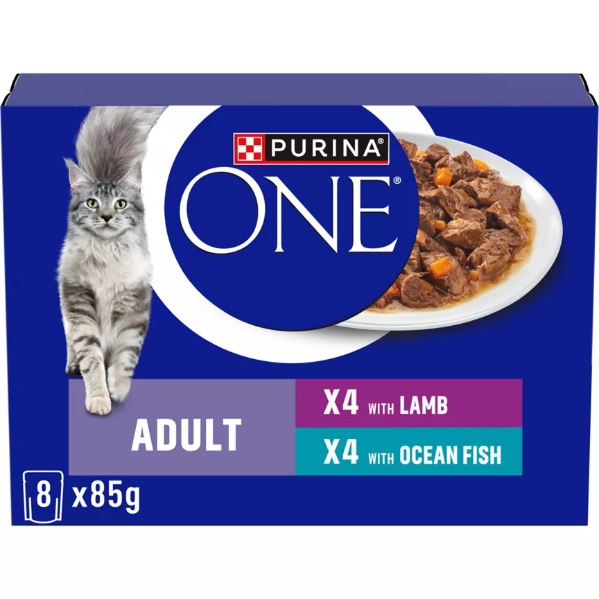 Purina ONE Adult Cat Food with Lamb & Ocean Fish in Gravy 8 x 85g (680g)