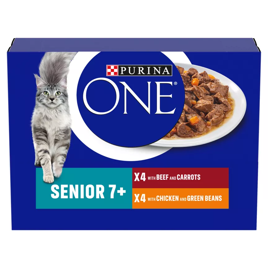 Purina ONE Senior 7+ Cat Food with Beef & Chicken in Gravy 8 x 85g (680g)