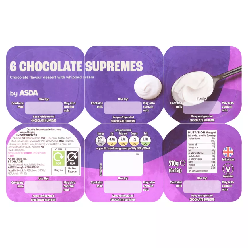 ASDA 6 Chocolate Supremes 6 x 85g (510g)