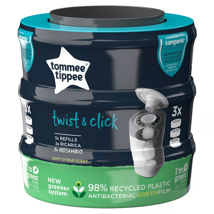 Tommee Tippee Sangenic 3x Twist & Click Advanced Nappy Bin Refill Cassettes, GREENFILM