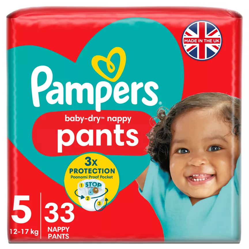 Pampers Baby-Dry Nappy Pants Size 5, 33 Nappies, 12kg-17kg, Essential Pack - Image 1