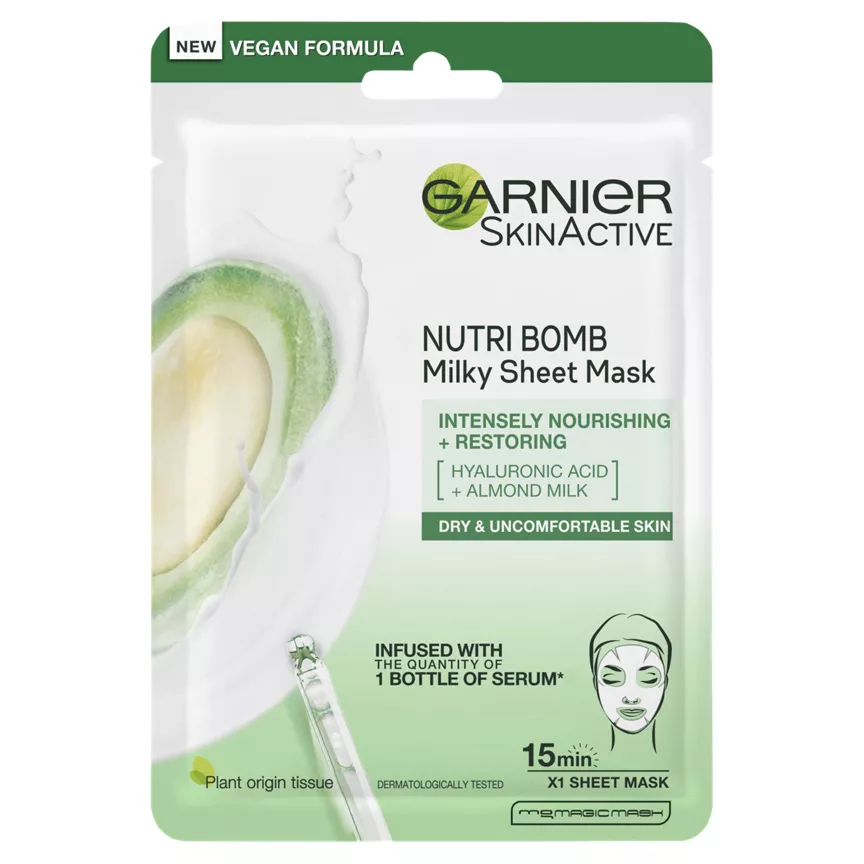 Garnier SkinActive Nutri Bomb Milky Sheet Face Mask Almond Milk & Hyaluronic Acid 28g