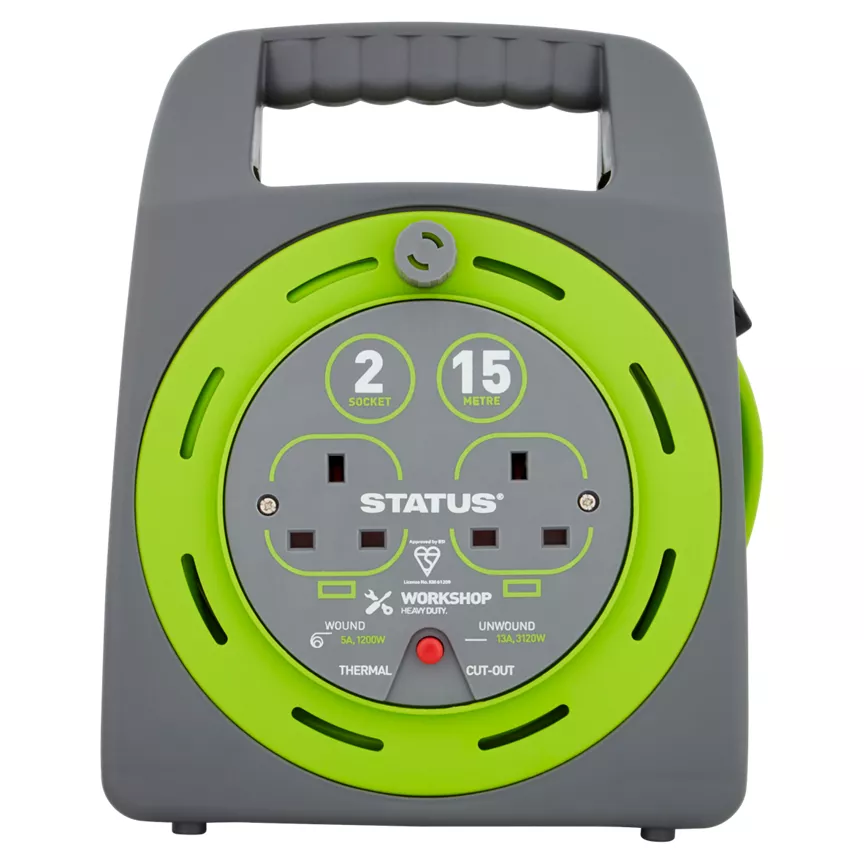 Status 2 Socket 15 Metre "Handbag" Extension Reel 13 Amp