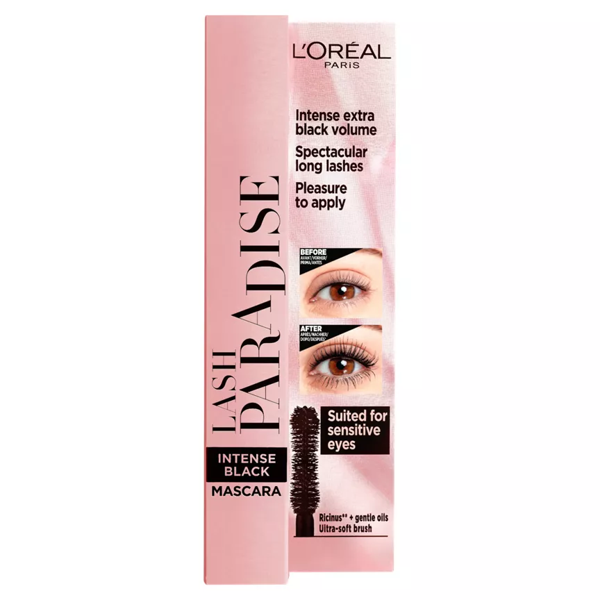 L'Oreal Paris Lash Paradise Castor Oil Enriched Mascara Suitable for Sensitive Eyes (Intense Black)
