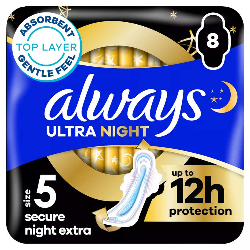 Always Ultra Sanitary Towels Secure Night Extra (Size 5) With Wings 8 Pads
