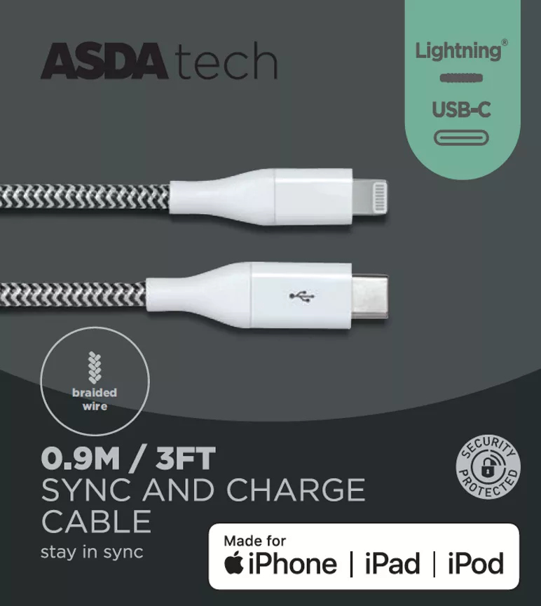 ASDA Tech Lighting to USB-C Cable - White 0.9m