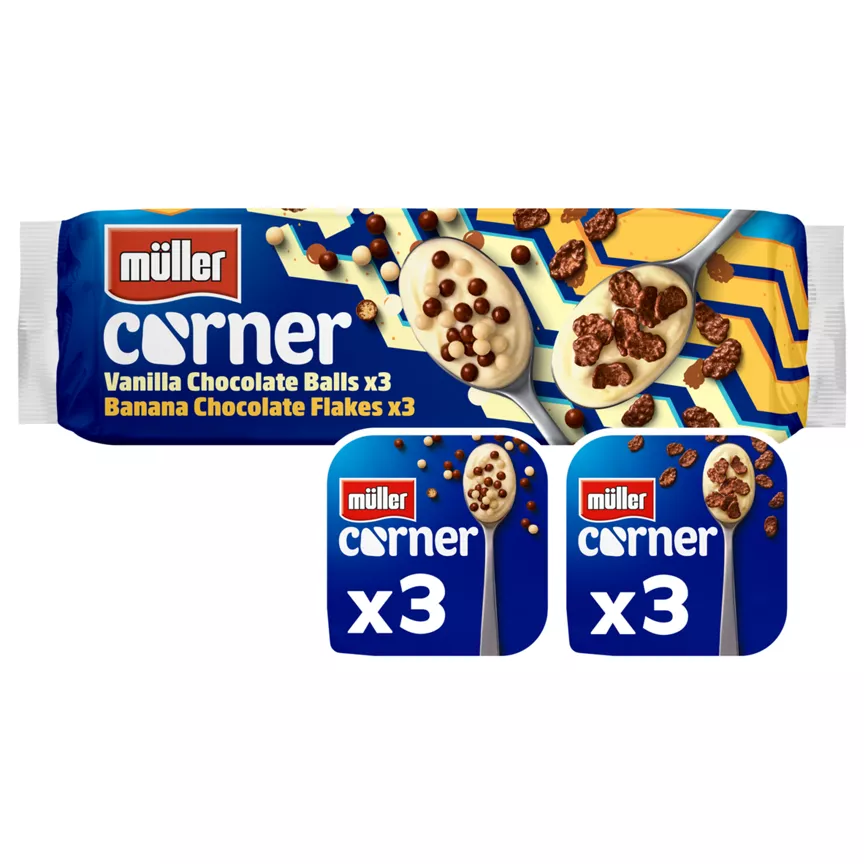 Muller Corner Vanilla Chocolate Balls and Banana Chocolate Flakes Yogurts