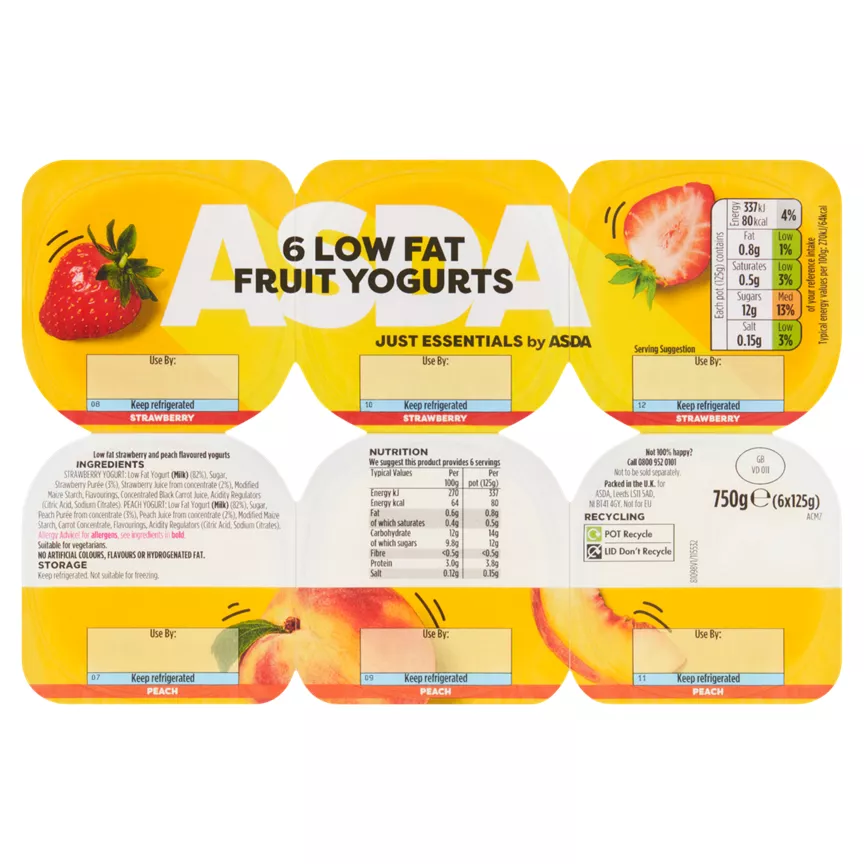 JUST ESSENTIALS by ASDA 6 Low Fat Fruit Yogurts Strawberry & Peach