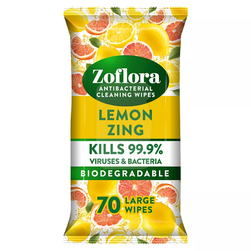 Zoflora Antibacterial Multi-Surface Cleaning Wipes Lemon Zing 70 Large Wipes