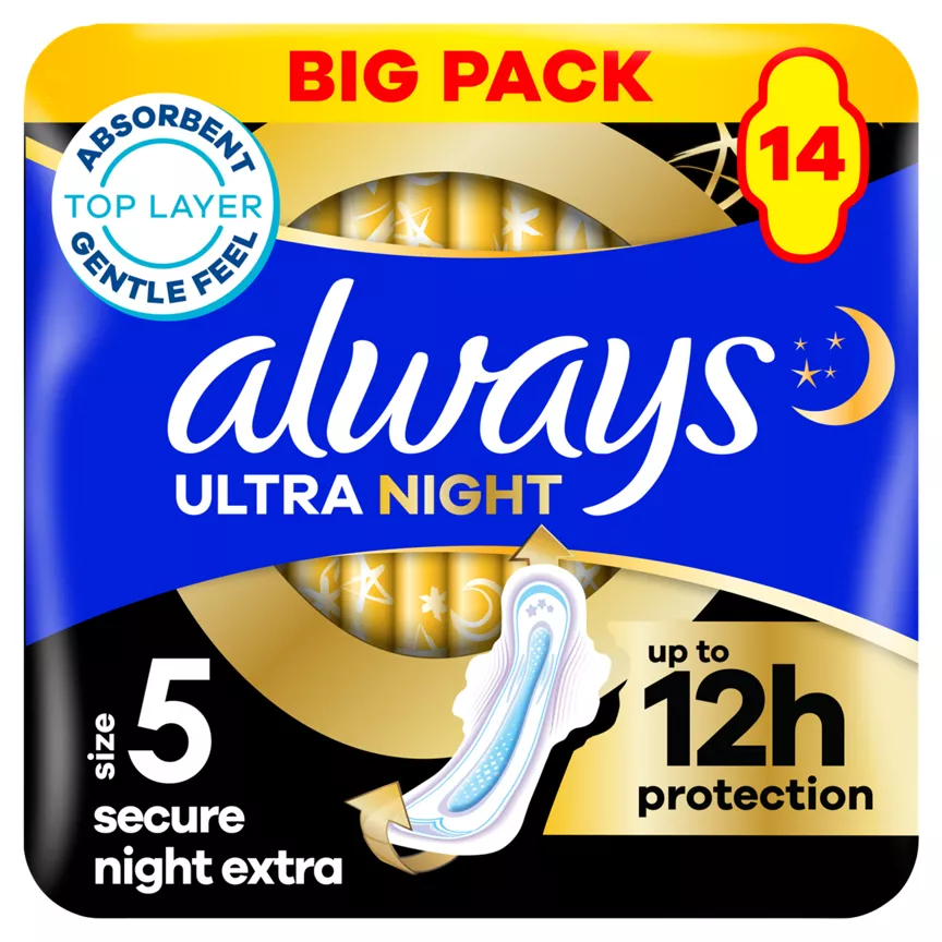 Always Ultra Sanitary Towels Secure Night Extra (Size 5) Wings X 14 Pads