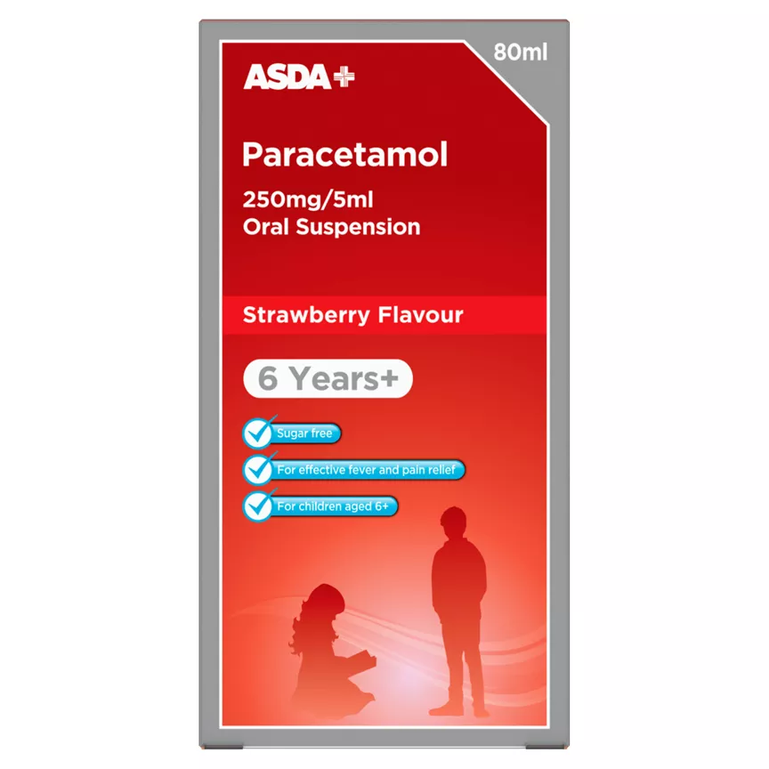 ASDA Paracetamol 250mg/5ml Strawberry Flavour Oral Suspension 6 Years+ 80ml