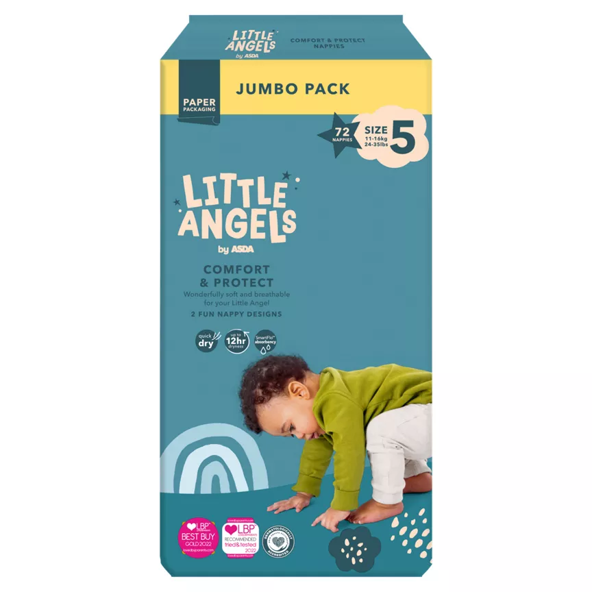 LITTLE ANGELS by ASDA Size 5 Comfort & Protect Jumbo Pack 72 Nappies