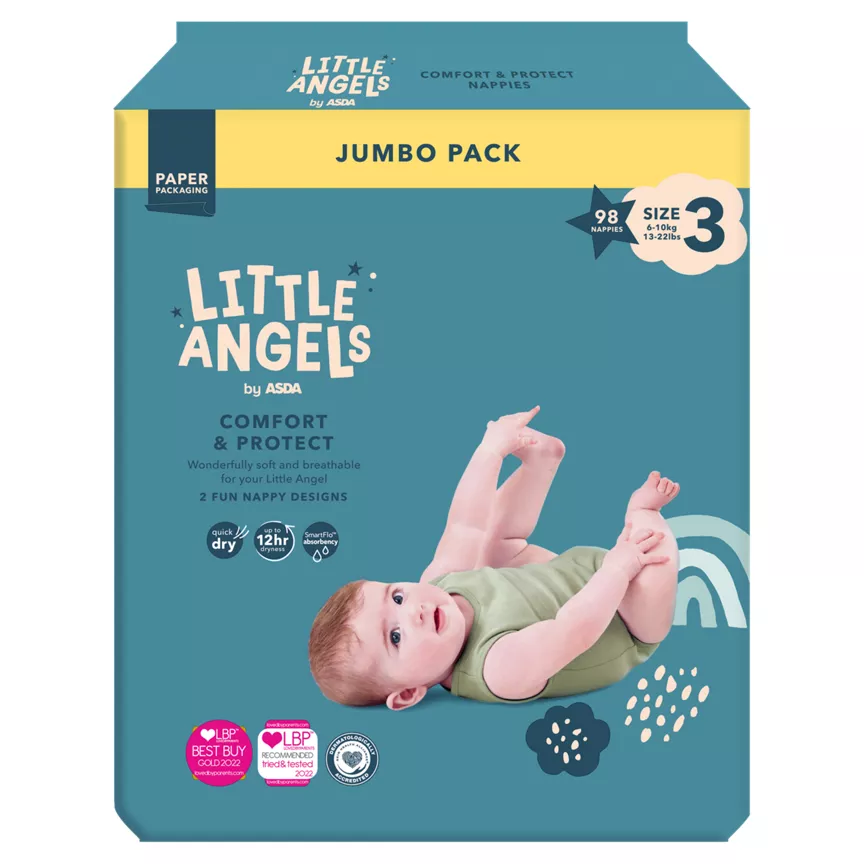 LITTLE ANGELS by ASDA Size 3 Comfort & Protect Jumbo Pack 98 Nappies