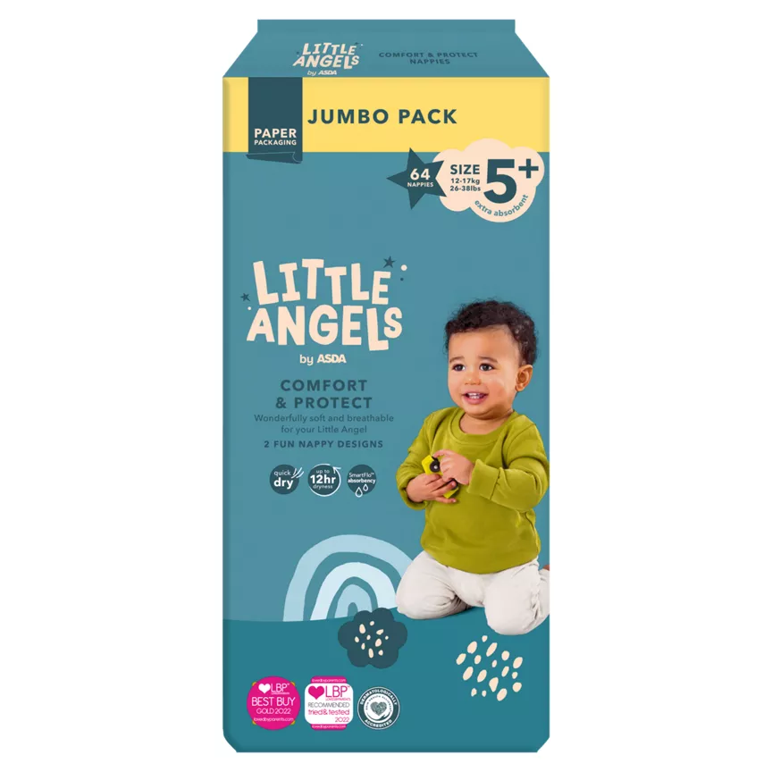 LITTLE ANGELS by ASDA Size 5+ Comfort & Protect Jumbo Pack 64 Nappies