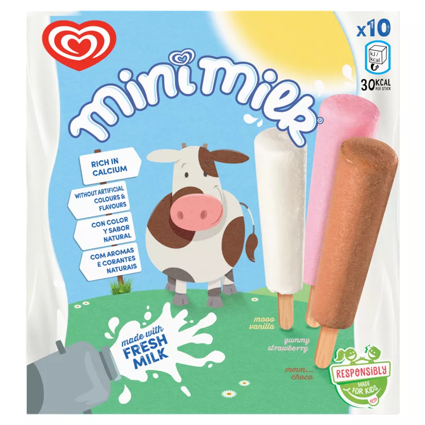 Wall's Heartbrand Mini Milk Vanilla, Strawberry & Chocolate Ice Cream Lollies 10 x 35ml