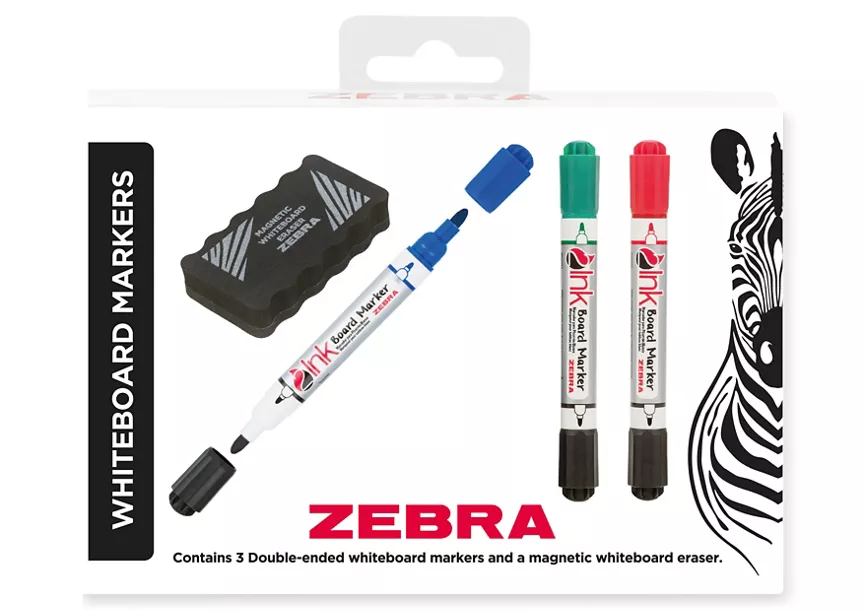 Zebra Double-Ended Whiteboard Markers and a Magnetic Whiteboard Eraser