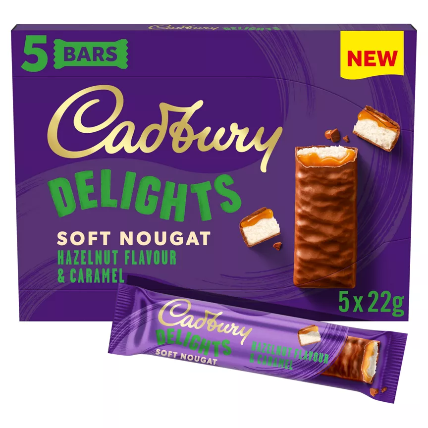 Cadbury Delights Soft Nougat Hazelnut Flavour & Caramel Bars 5 x 22g (110g)