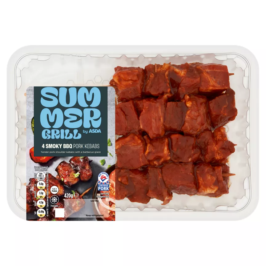 SUMMER GRILL by ASDA 4 Smoky BBQ Pork Kebabs 420g