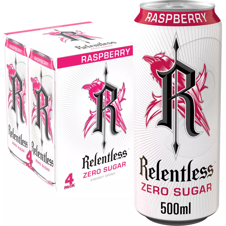 Relentless Zero Sugar Raspberry Energy Drink 4x500ml