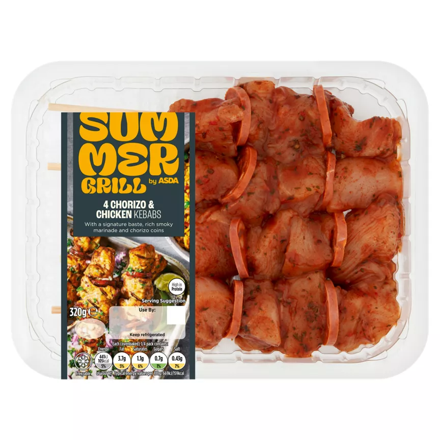 SUMMER GRILL by ASDA 4 Smoky Chorizo & Chicken Kebabs 320g