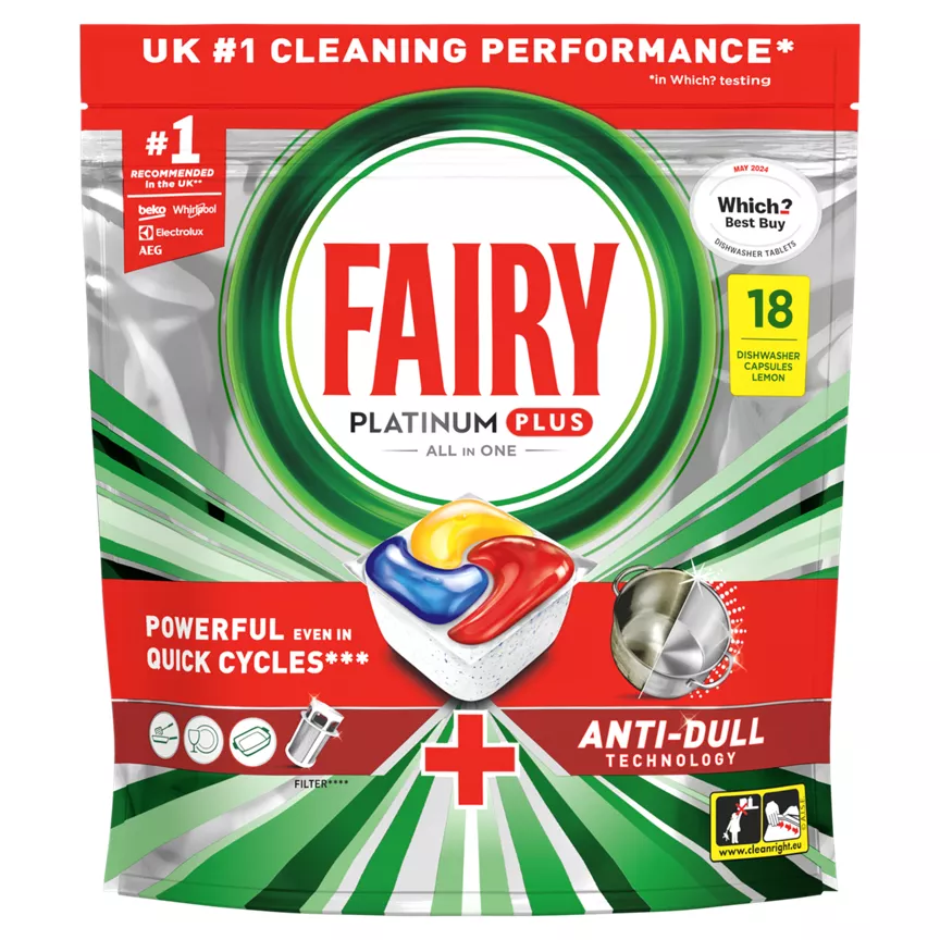 Fairy Platinum Plus All In One Dishwasher Tablets Lemon, 18 Tablets - Image 1