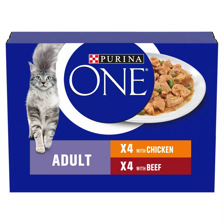 Purina ONE Adult Cat Food with Chicken & Beef in Gravy 8 x 85g (680g)