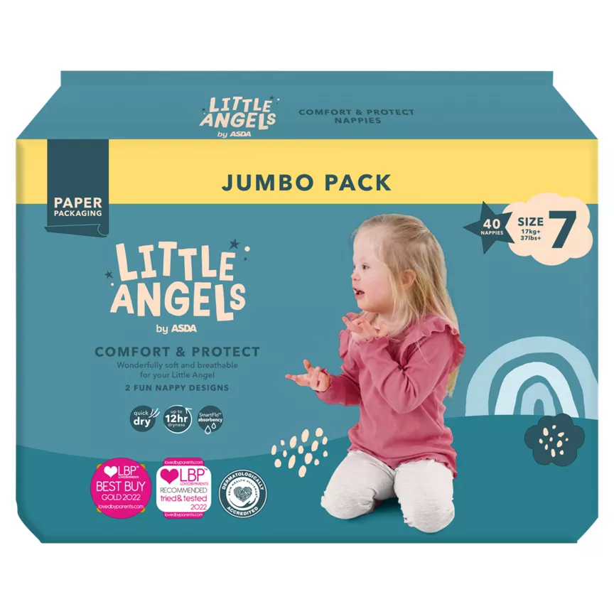 LITTLE ANGELS by ASDA Comfort & Protect Size 7 17kg+ Jumbo Pack 40 Nappies