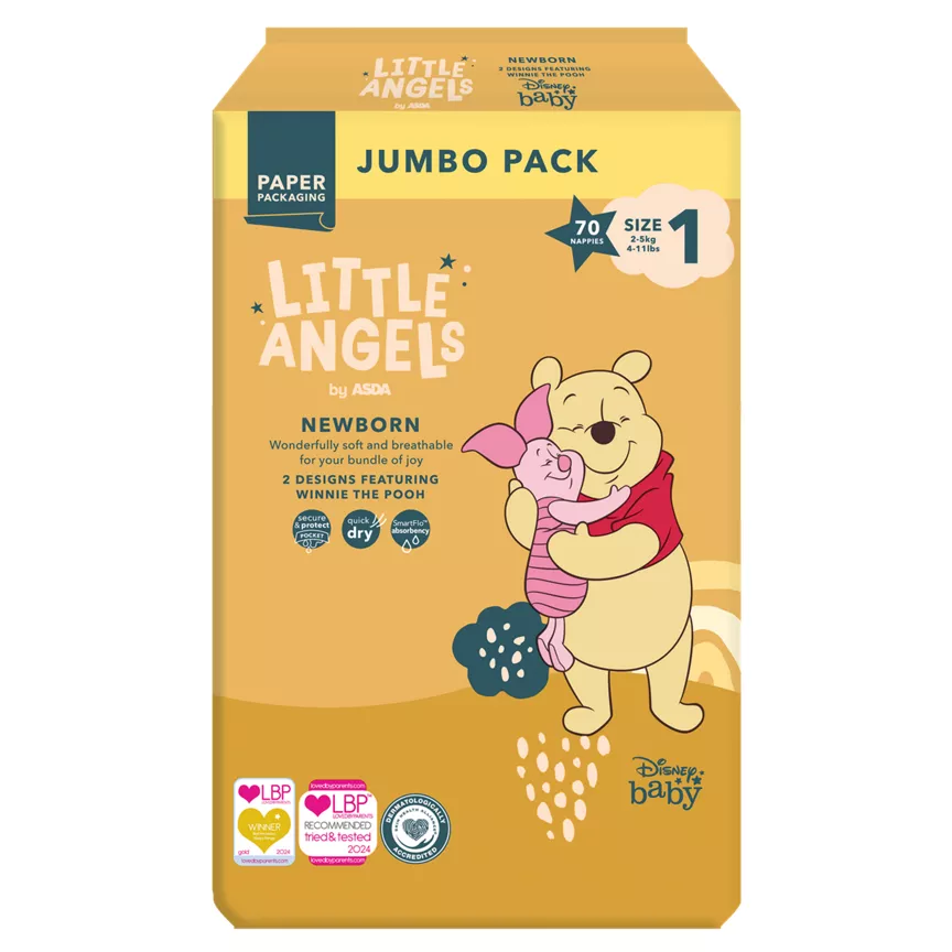 LITTLE ANGELS by ASDA Newborn Disney Size 1 2-5 kg Jumbo Pack 70 Nappies