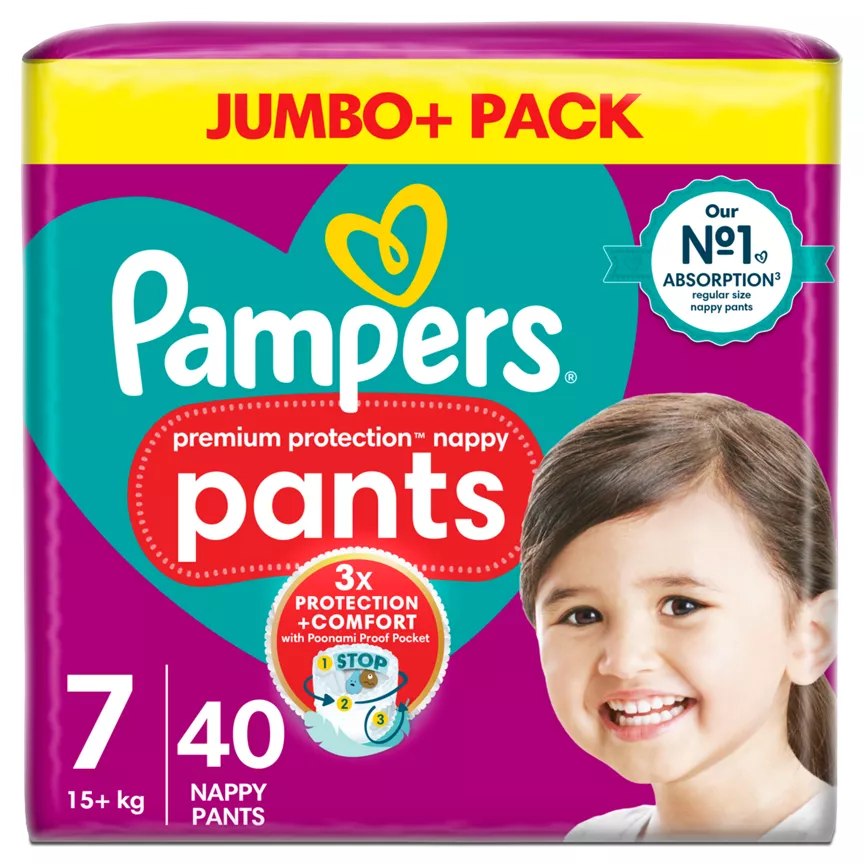 Pampers Premium Protection Nappy Pants Size 7, 40 Nappies, 17kg+, Jumbo+ Pack