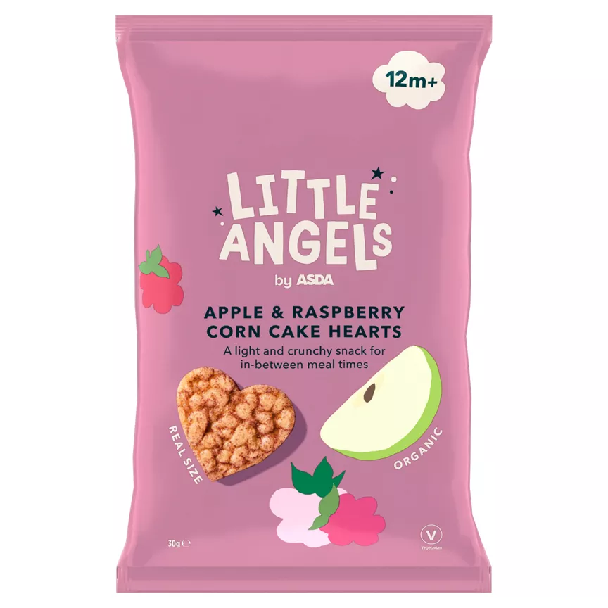 LITTLE ANGELS by ASDA Apple & Raspberry Corn Cake Hearts 12m+ 30g