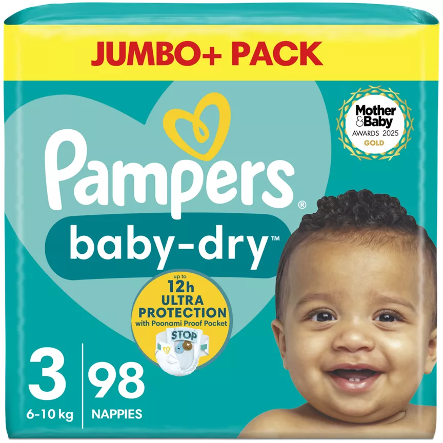 Pampers Baby-Dry Size 3, 98 Nappies, 6kg - 10kg, Jumbo+ Pack