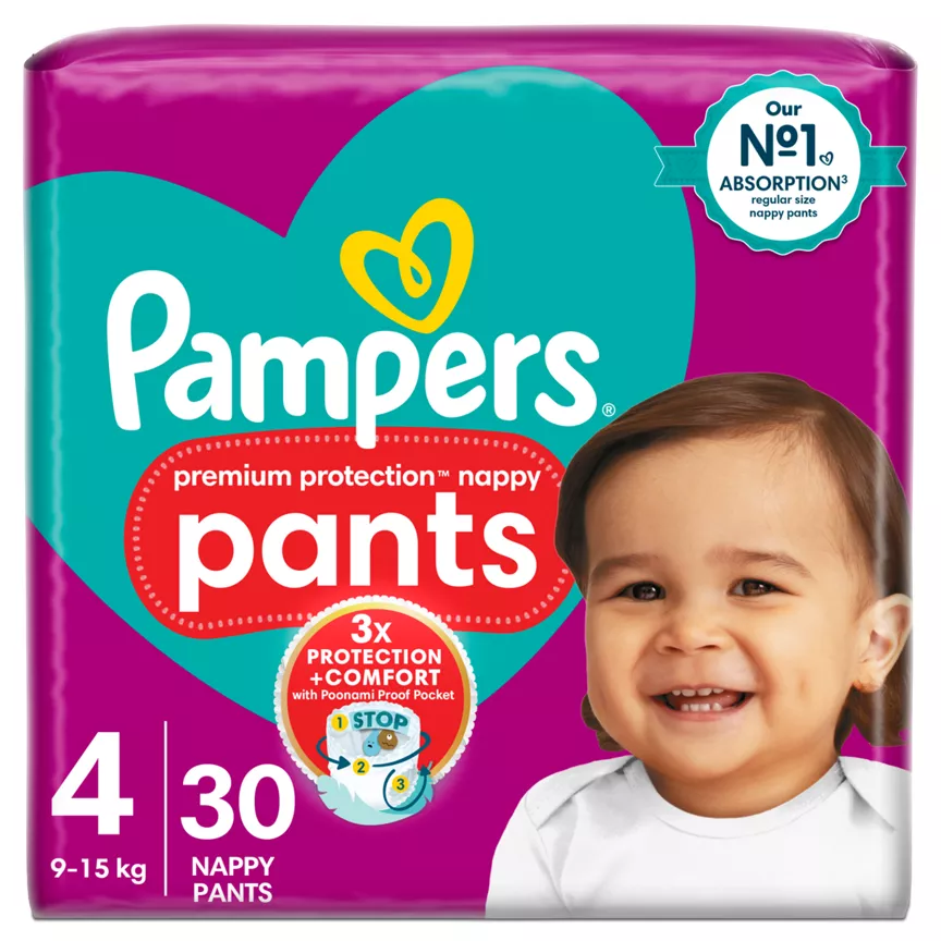 Pampers Premium Protection Nappy Pants Size 4, 30 Nappies, 9kg - 15kg, Essential Pack - Image 1