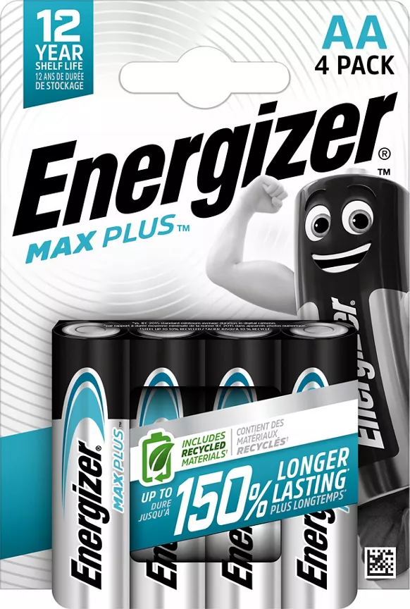 Energizer Max Plus AA Batteries, Alkaline, 4 Pack