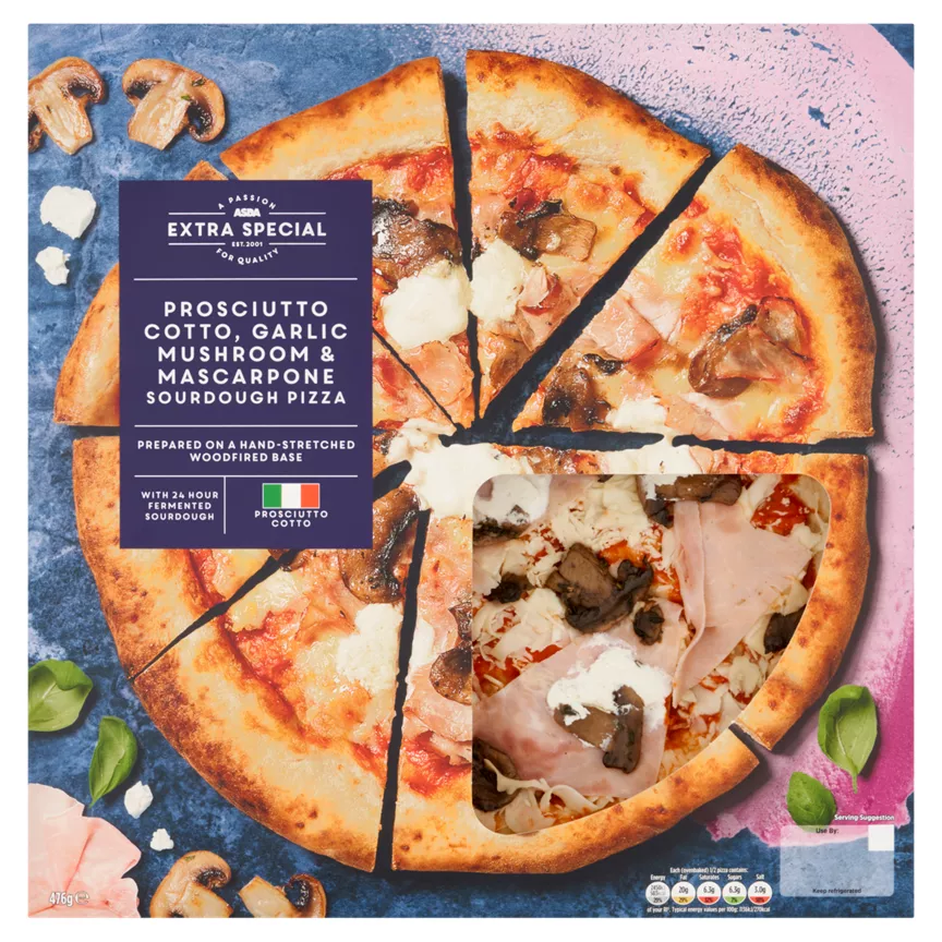 ASDA Extra Special Prosciutto Cotto, Garlic Mushroom & Mascarpone Sourdough Pizza 476g