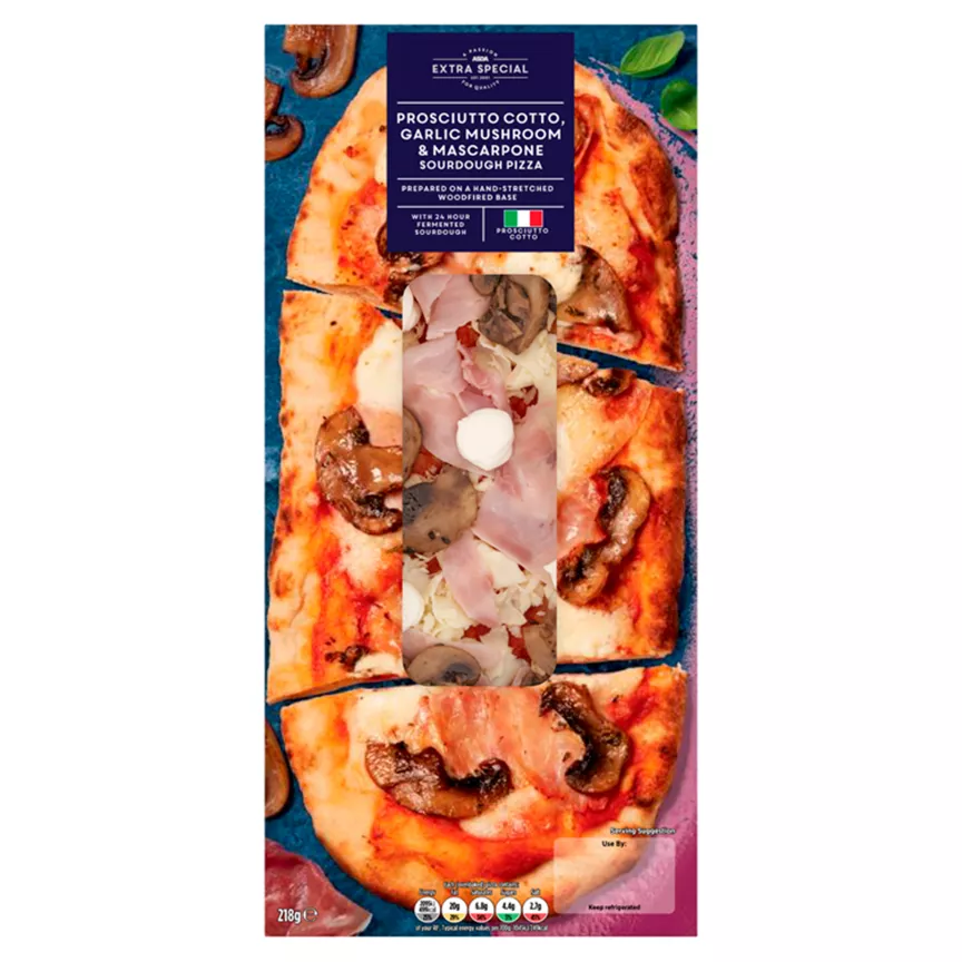ASDA Extra Special Prosciutto Cotto, Garlic Mushroom & Mascarpone Sourdough Pizza 218g