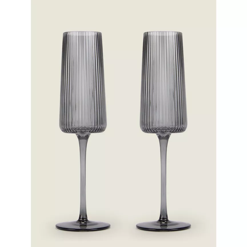 George Home Grey Ribbed Champagne Glass - Set of 2