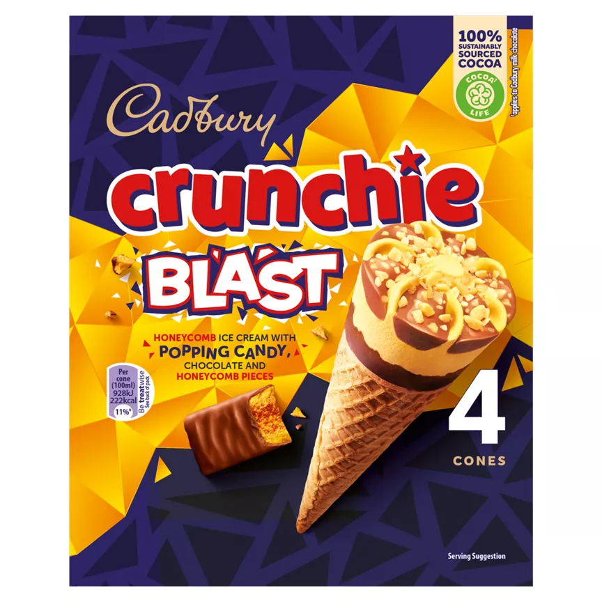 Cadbury Crunchie Blast Honeycomb Ice Cream with Popping Candy Cones 4 x 100ml - Image 1