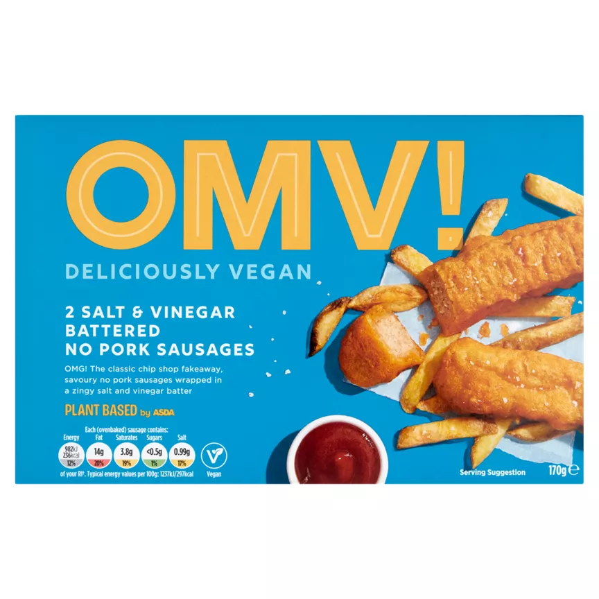 OMV! Deliciously Vegan by Asda 2 Salt & Vinegar Battered No Pork Sausages 170g