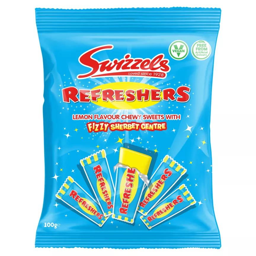 Swizzels Refreshers Lemon Flavour Chewy Sweets with Fizzy Sherbet Centre 100g