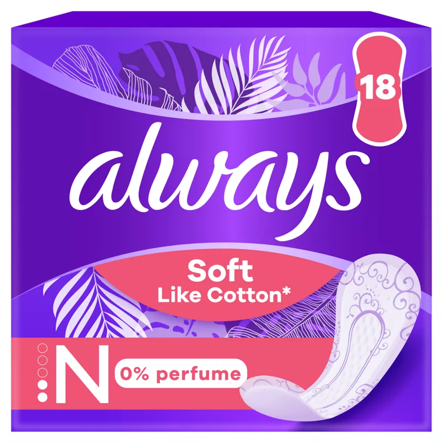 Always Soft Like Cotton Normal Panty Liners, 0% Perfume, 18 Count