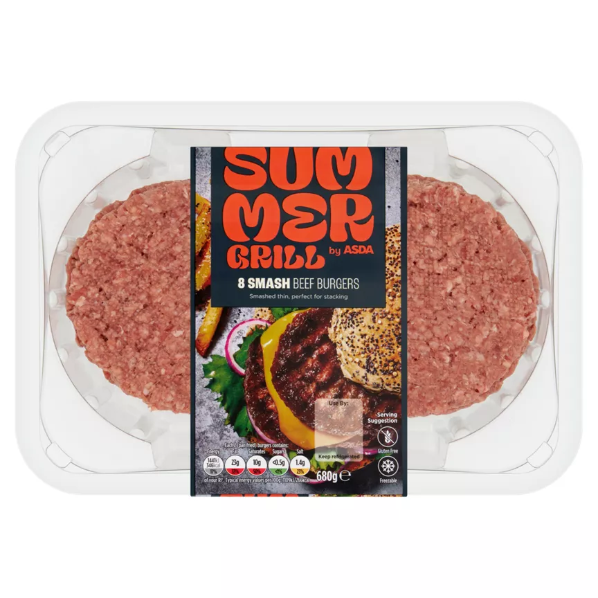 SUMMER GRILL by ASDA Flavoursome 8 Smash Beef Burgers 680g