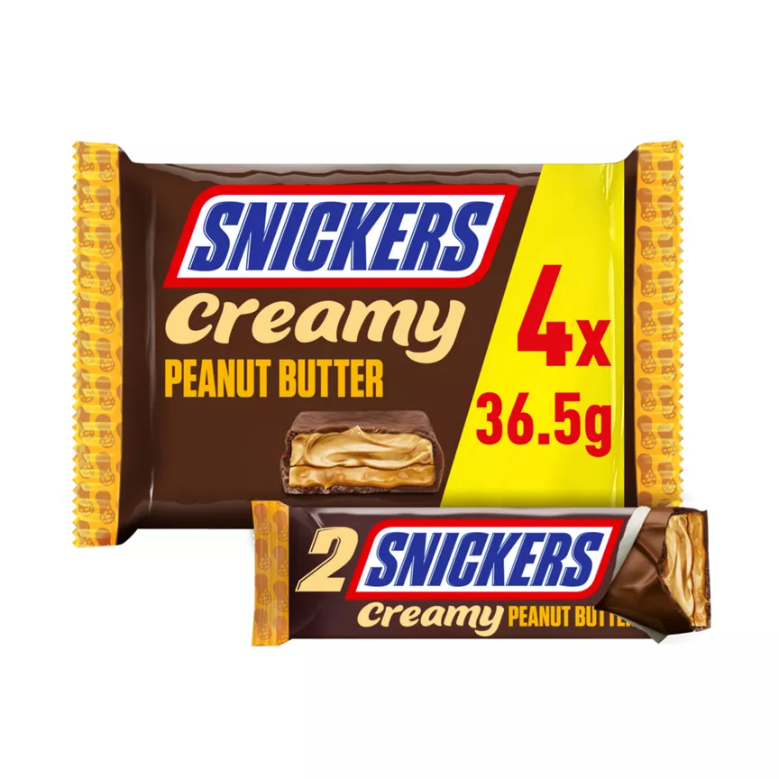 Snickers Creamy Peanut Butter & Milk Chocolate Snack Bars Multipack 146g (4 Pack)