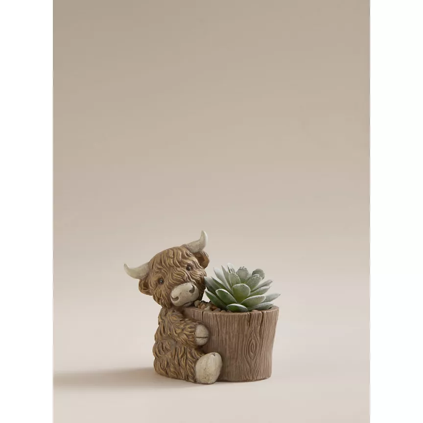 George Home Artificial Succulent In Brown Highland Cow Planter