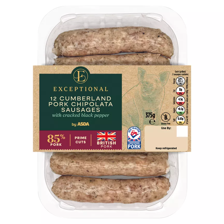 Exceptional by ASDA 12 Cumberland Pork Chipolata Sausages with Cracked Black Pepper 375g