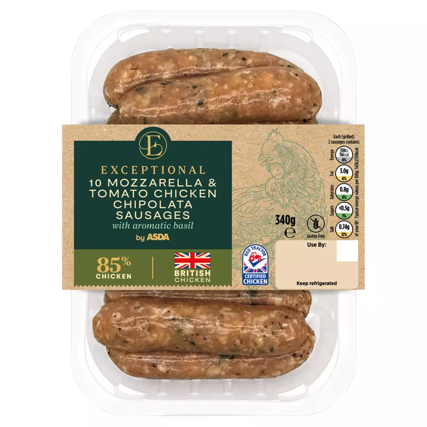 Exceptional by ASDA 10 Mozzarella & Tomato Chicken Chipolata Sausages 340g