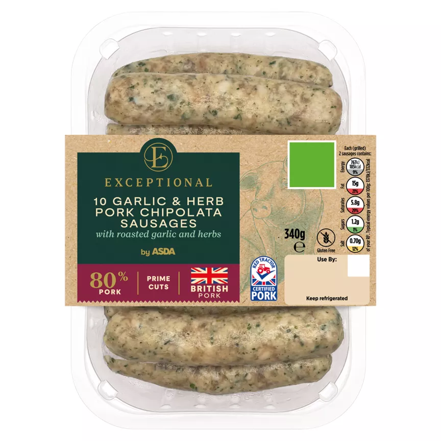 Exceptional by ASDA 10 Garlic & Herb Pork Chipolata Sausages 340g