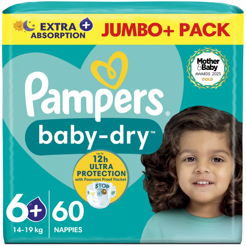 Pampers Baby-Dry Size 6+, 60 Nappies, 14kg-19kg