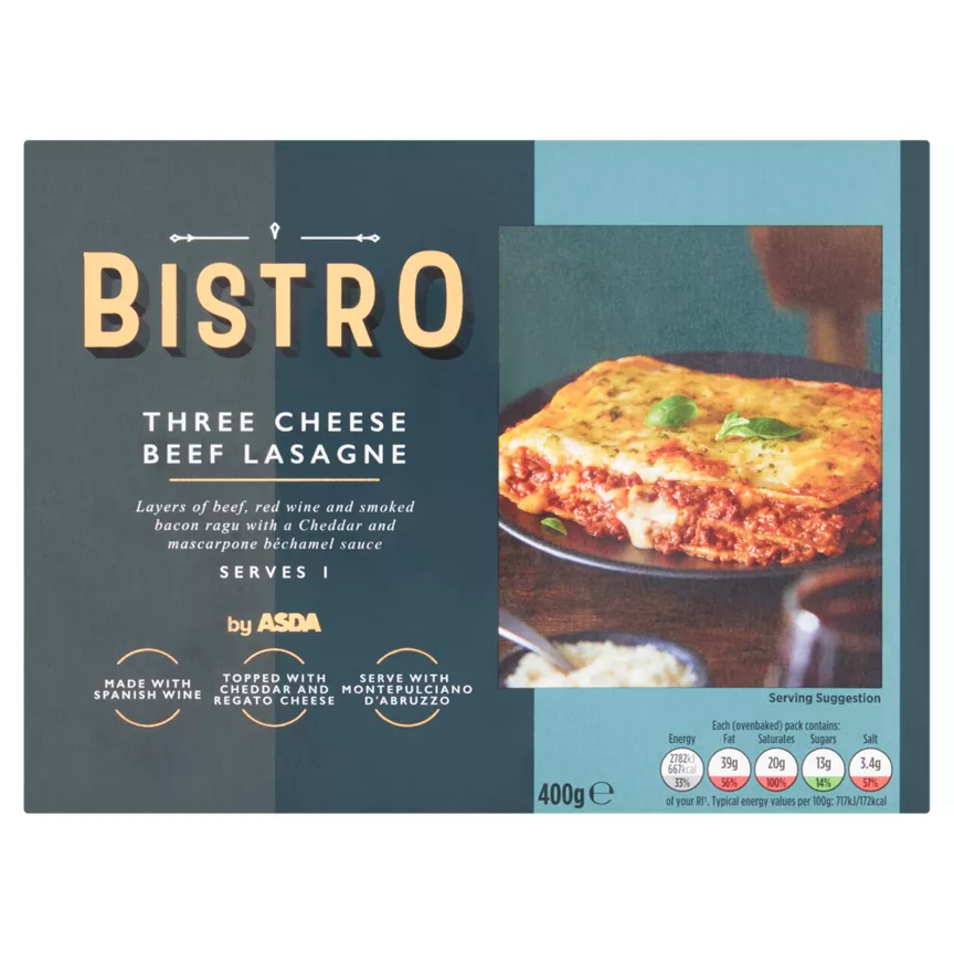 Bistro by ASDA Three Cheese Beef Lasagne 400g