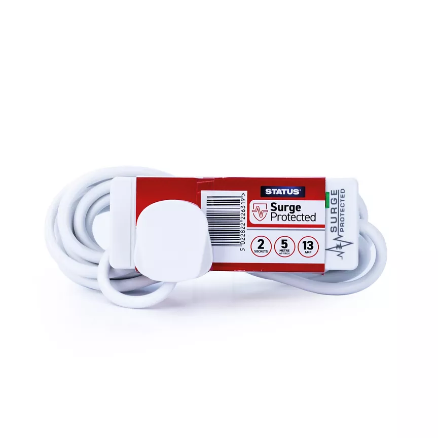 Status 2 Way 5 Metre Extension Socket - White - Surge