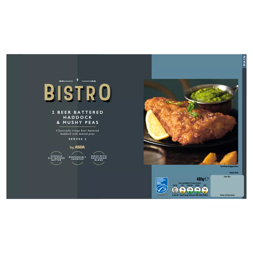 Bistro by ASDA 2 Beer Battered Haddock & Mushy Peas 480g